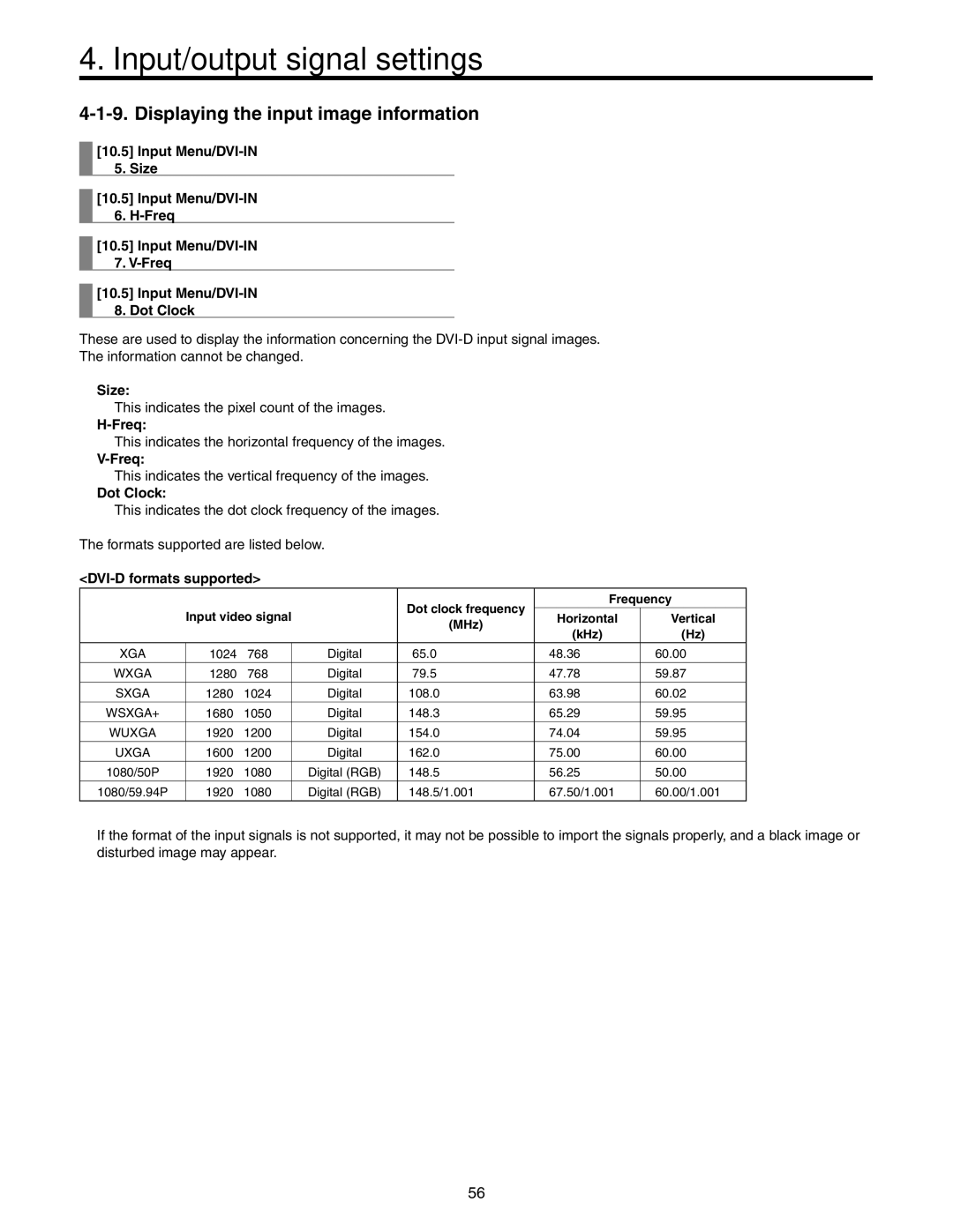 Panasonic AW-HS50N Displaying the input image information, Input Menu/DVI-IN Size Freq Dot Clock, DVI-D formats supported 