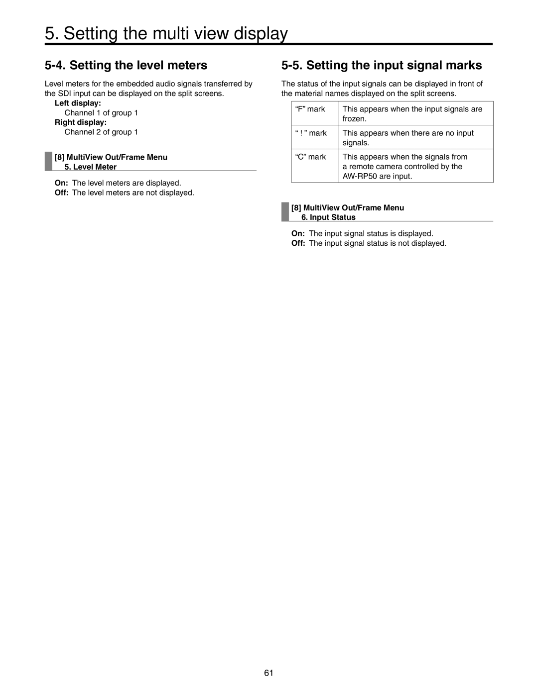 Panasonic AW-HS50N operating instructions Setting the level meters, Setting the input signal marks 