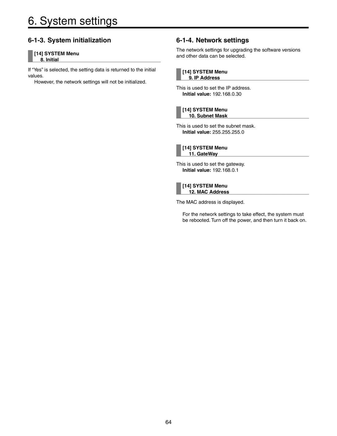 Panasonic AW-HS50N operating instructions System initialization, Network settings 