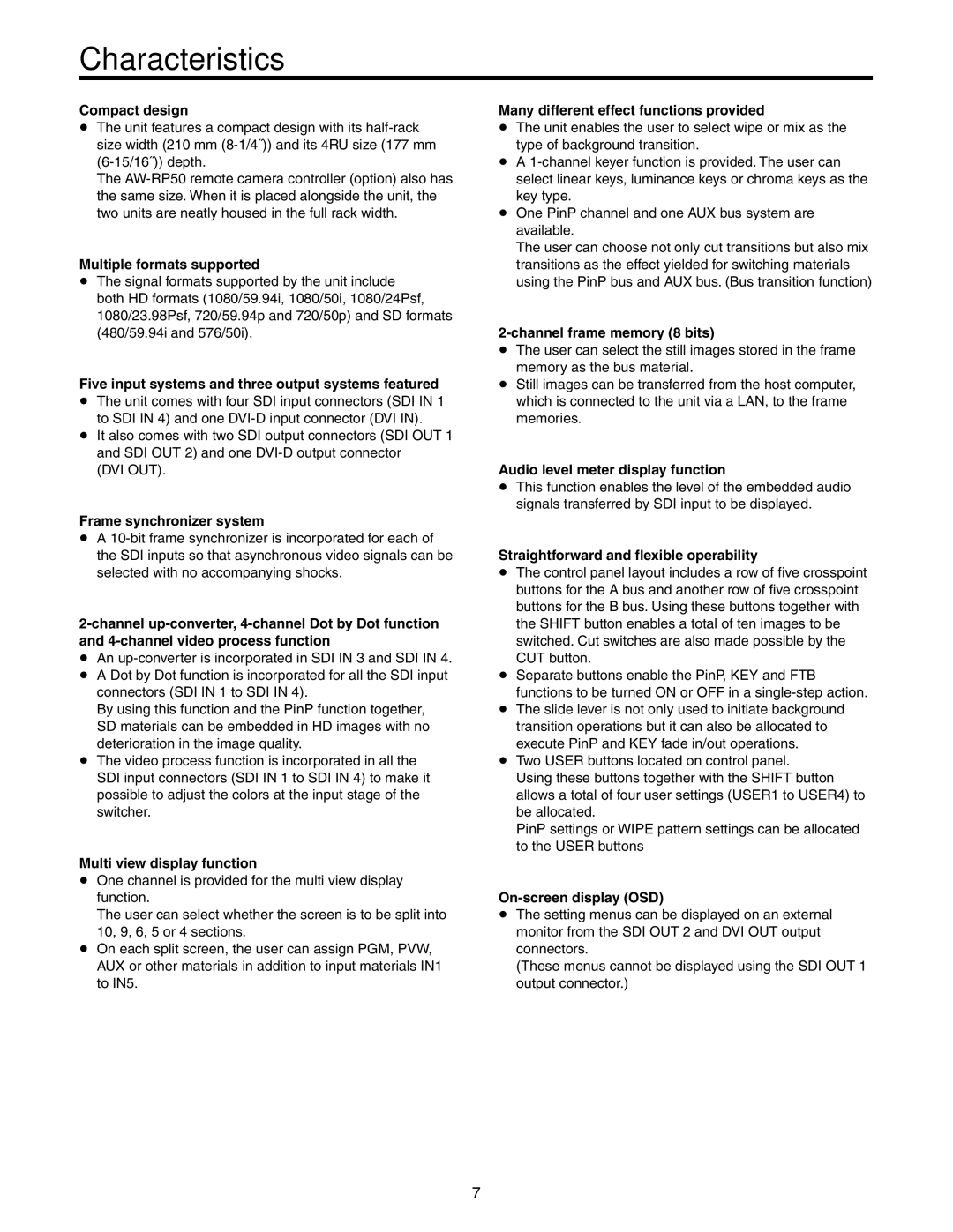 Panasonic AW-HS50N operating instructions Characteristics 