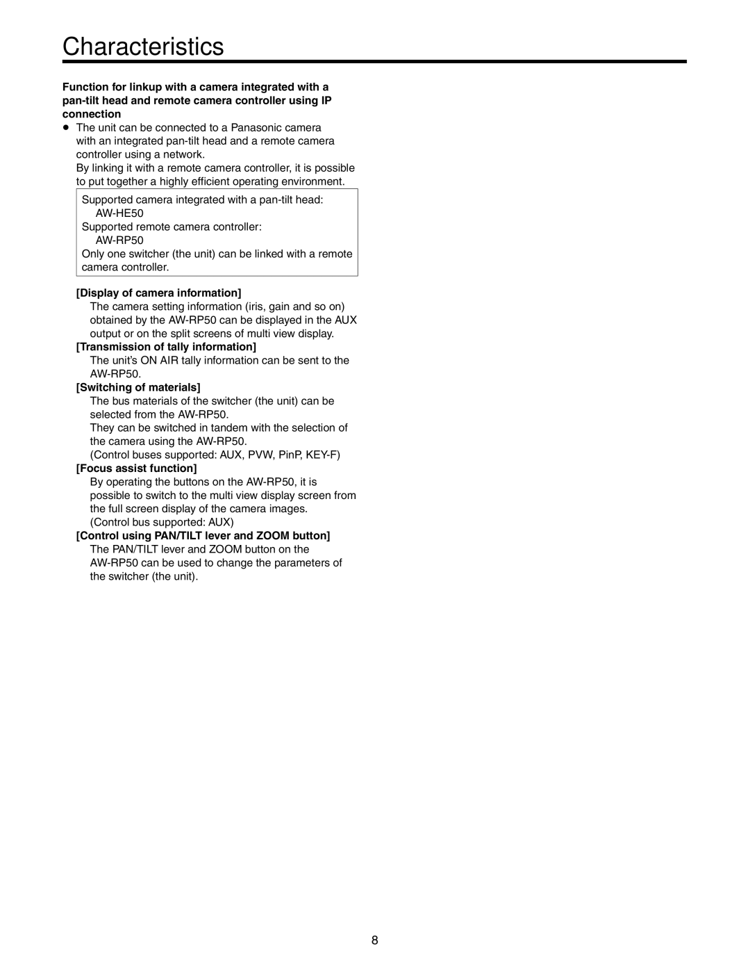 Panasonic AW-HS50N Display of camera information, Transmission of tally information, Switching of materials 