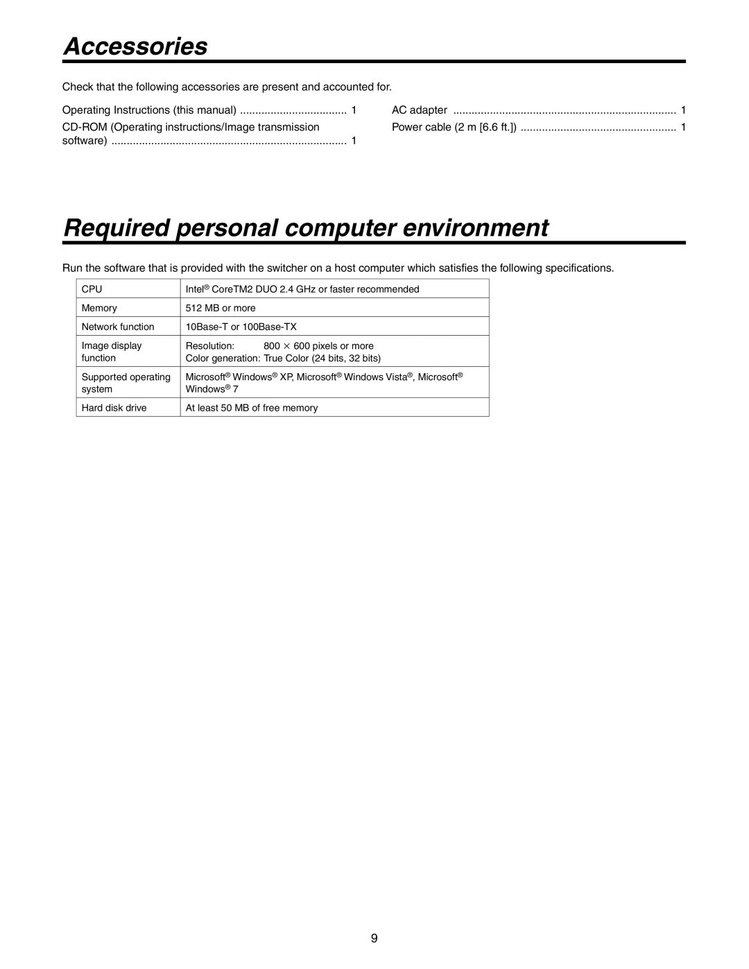 Panasonic AW-HS50N operating instructions Accessories, Required personal computer environment 