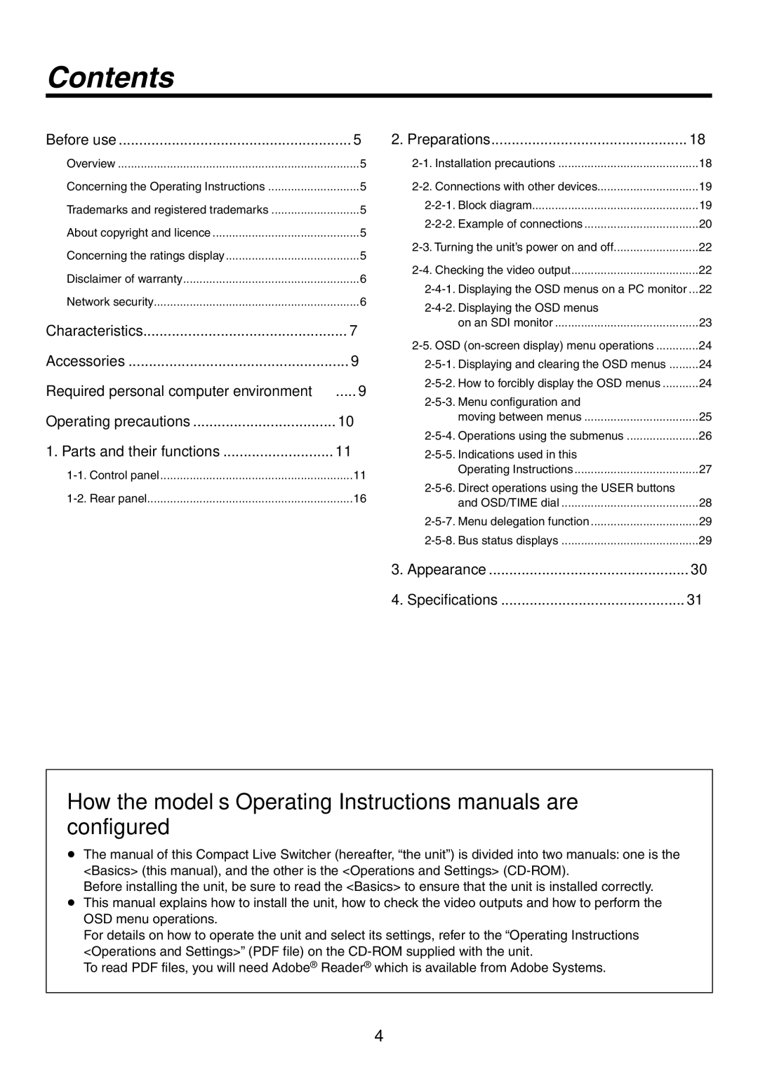 Panasonic AW-HS50N operating instructions Contents, Appearance Specifications 