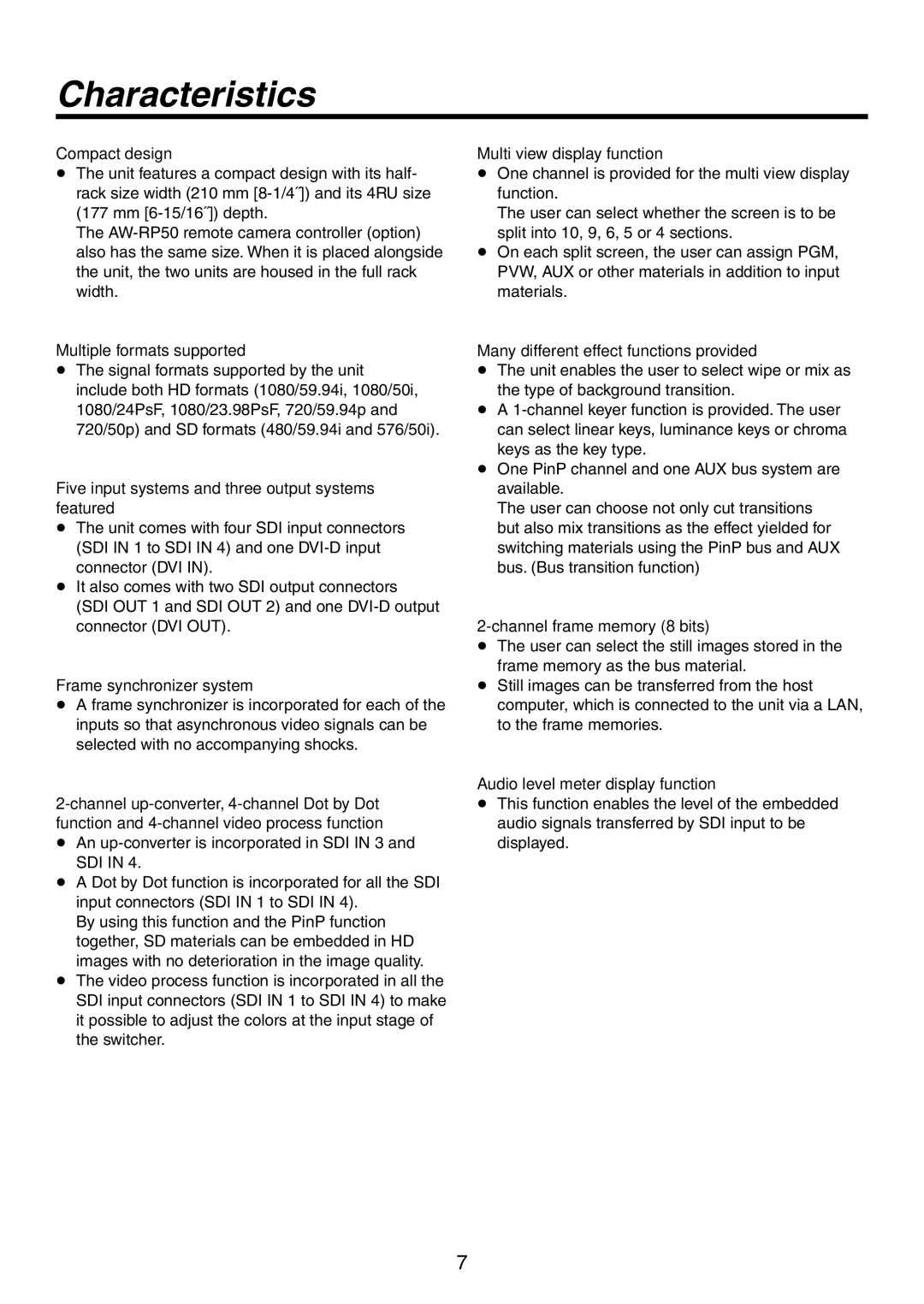 Panasonic AW-HS50N operating instructions Characteristics 