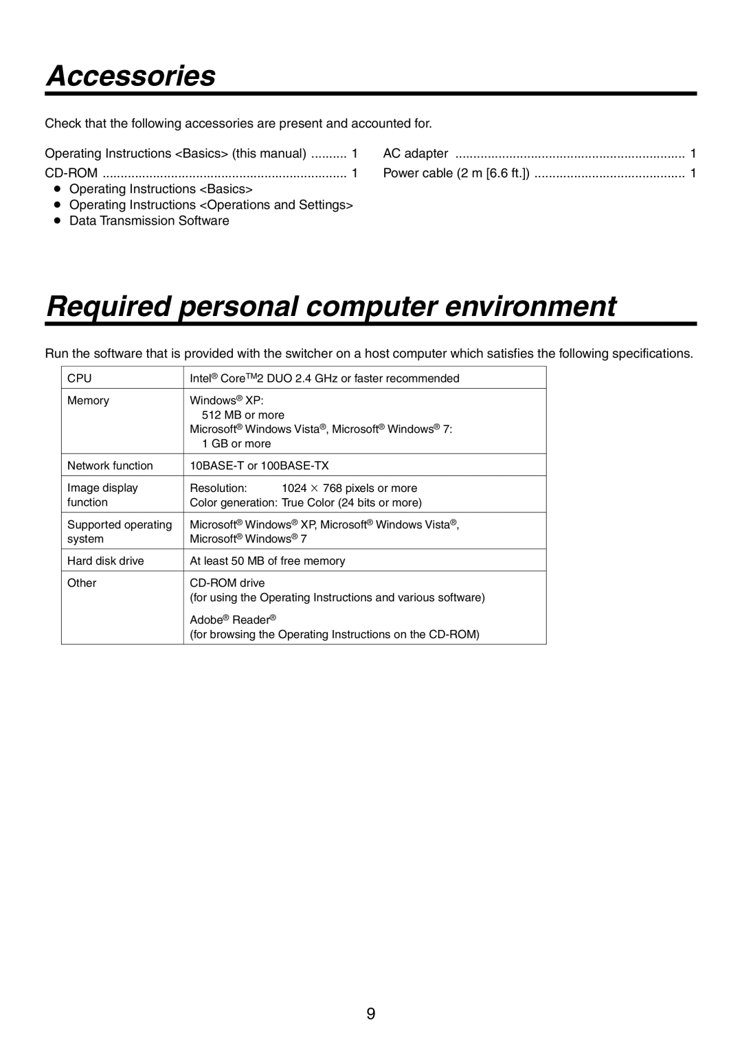 Panasonic AW-HS50N operating instructions Accessories, Required personal computer environment, AC adapter 