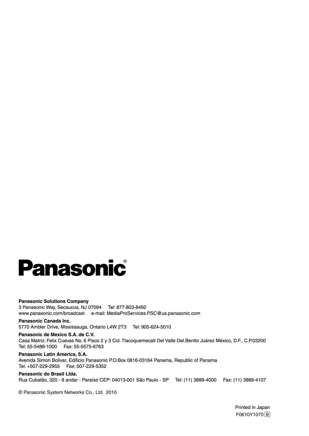 Panasonic AW-HS50N operating instructions Panasonic System Networks Co., Ltd, F0610Y1070 D 