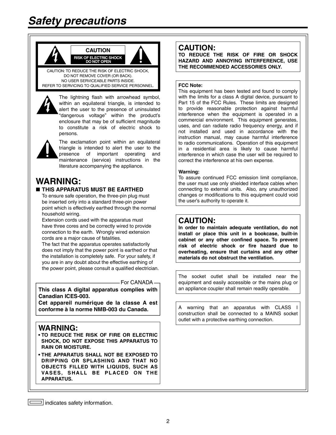 Panasonic AW-HS50N operating instructions Safety precautions, This Apparatus Must Be Earthed 