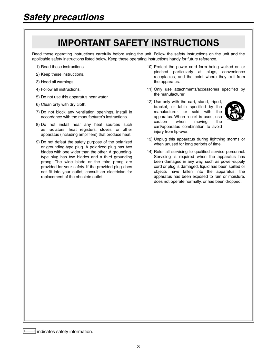 Panasonic AW-HS50N operating instructions Important Safety Instructions, Safety precautions, indicates safety information 