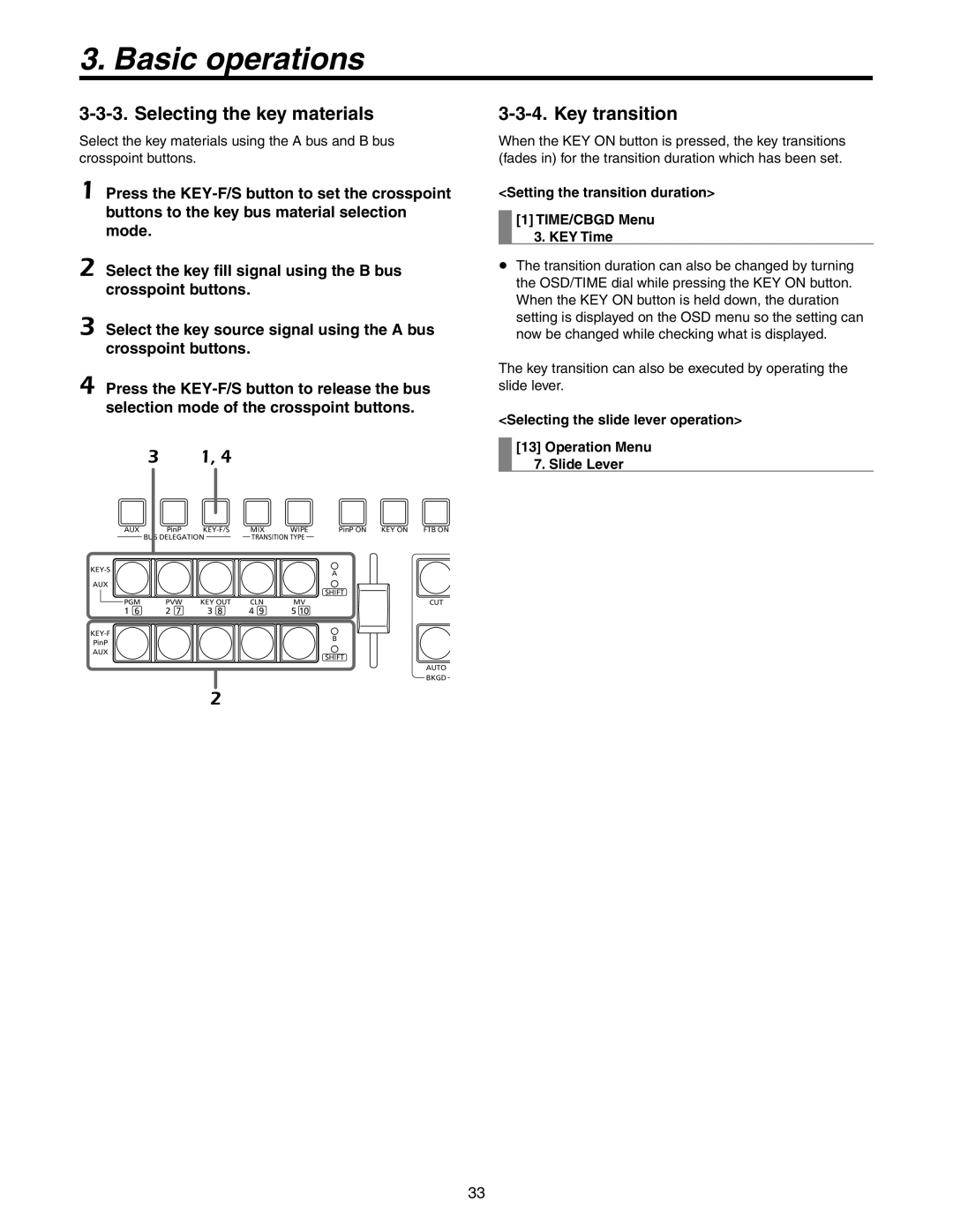 Panasonic AW-HS50N operating instructions Selecting the key materials, Key transition, Basic operations 