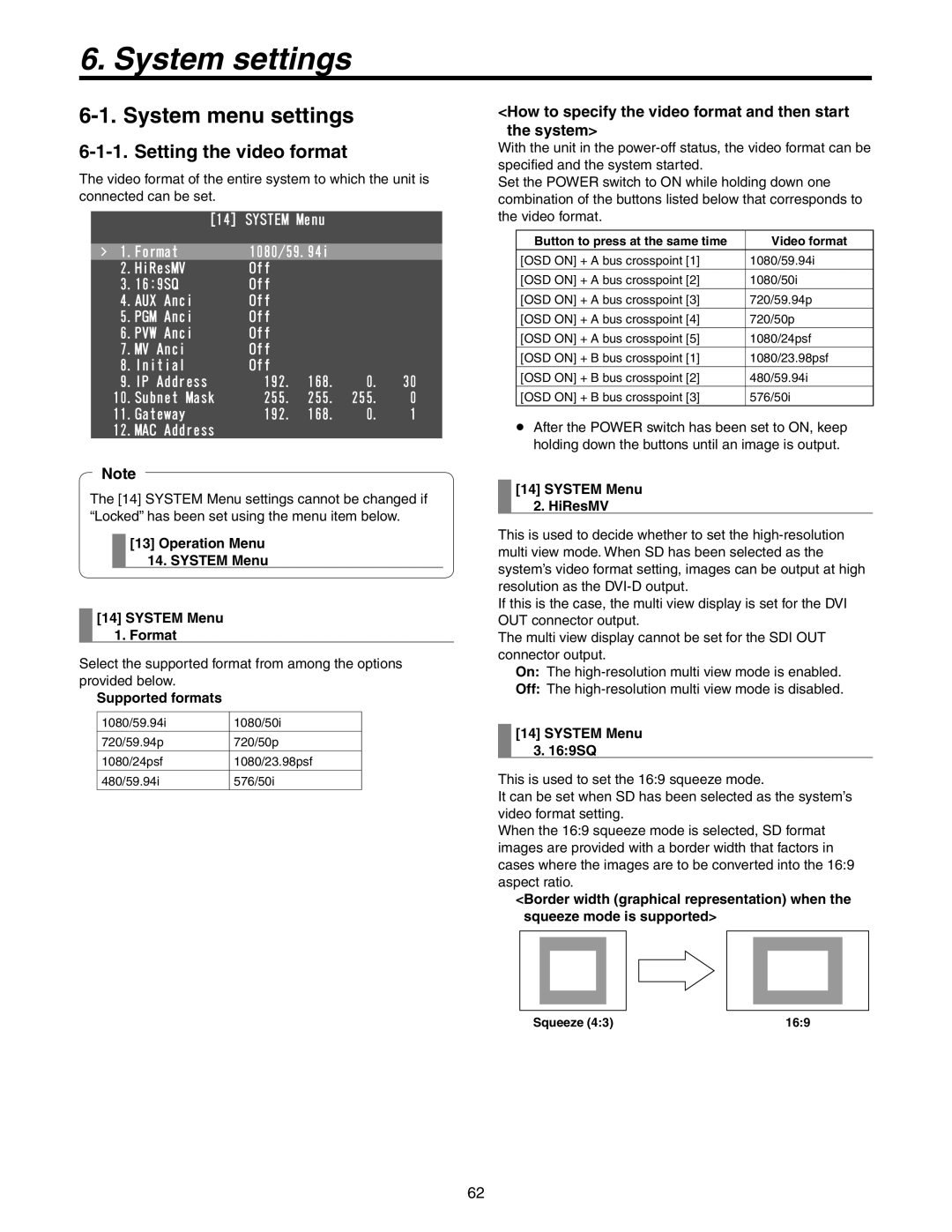 Panasonic AW-HS50N System settings, System menu settings, Setting the video format, =?5;56//GPW QTOCV K 