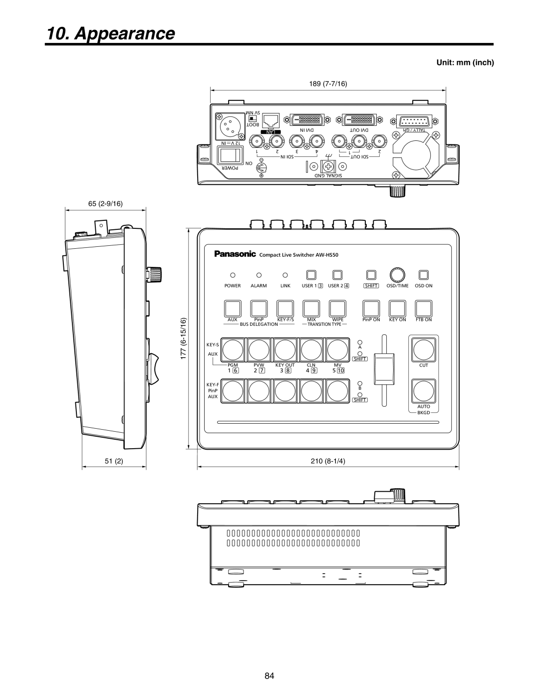Panasonic AW-HS50N operating instructions Appearance, Unit: mm inch 