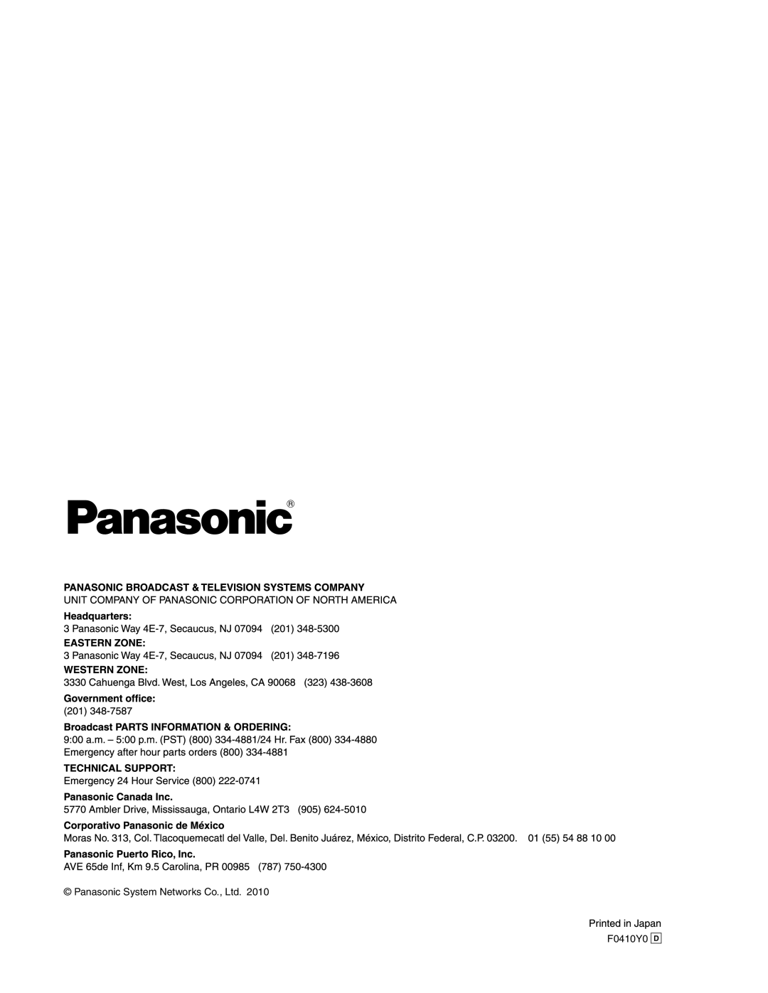 Panasonic AW-HS50N operating instructions Panasonic System Networks Co., Ltd, F0410Y0 