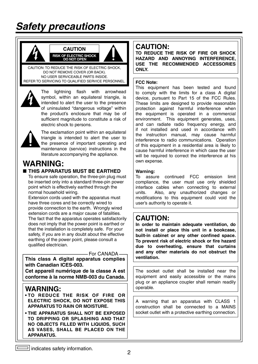 Panasonic AW-HS50N operating instructions This Apparatus Must Be Earthed, Safety precautions 