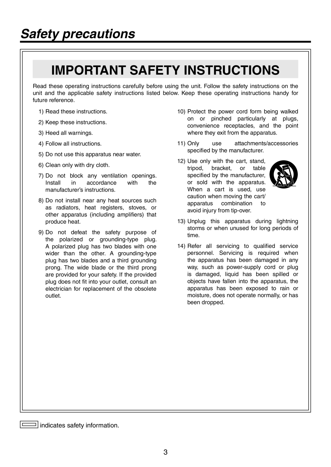 Panasonic AW-HS50N operating instructions Safety precautions, Important Safety Instructions, indicates safety information 