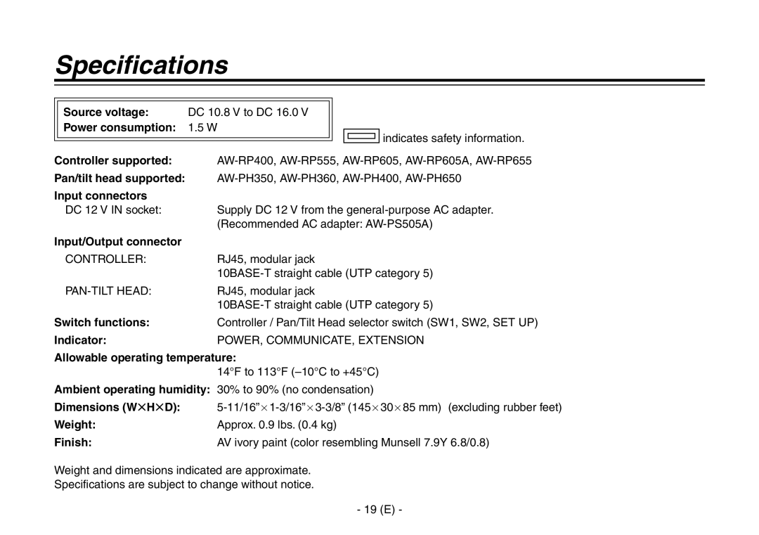 Panasonic AW-IF400G manual Specifications 