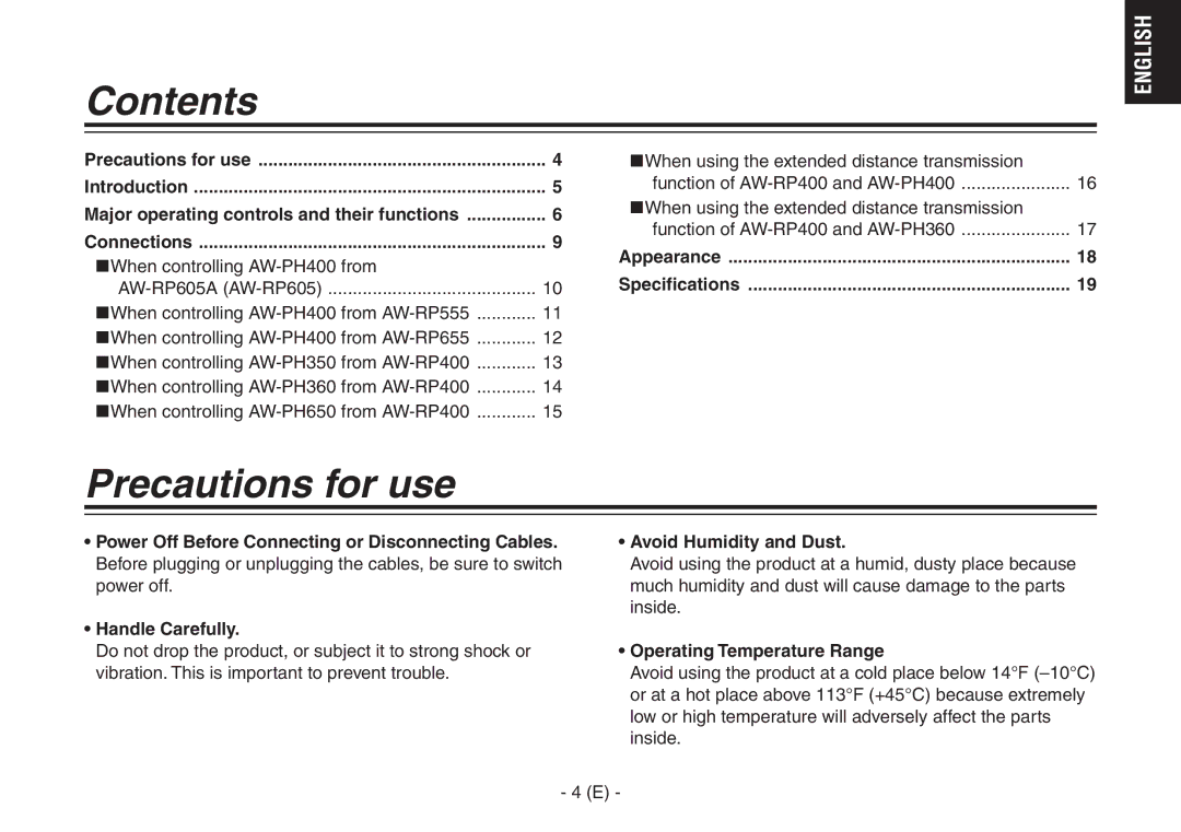 Panasonic AW-IF400G manual Contents, Precautions for use 