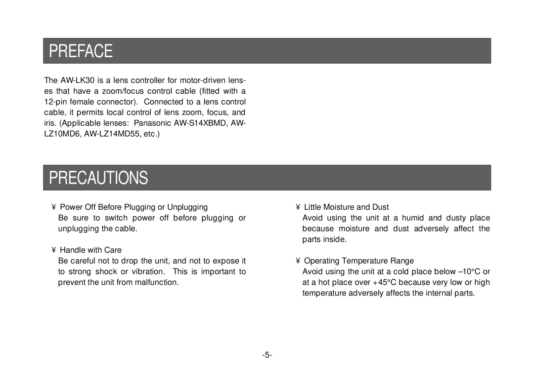 Panasonic AW-LK30 manual Preface, Precautions, Handle with Care, Operating Temperature Range 