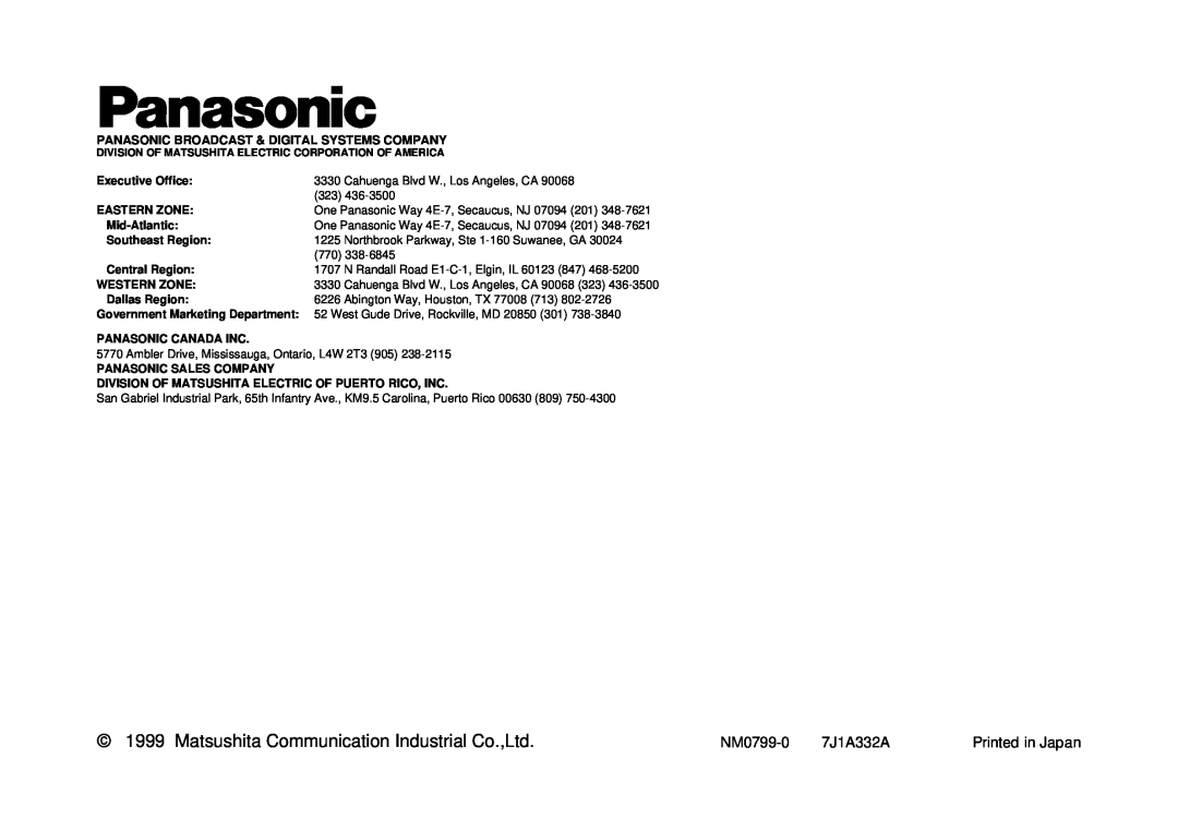 Panasonic AW-LK30 manual NM0799-0, 7J1A332A, Printed in Japan 