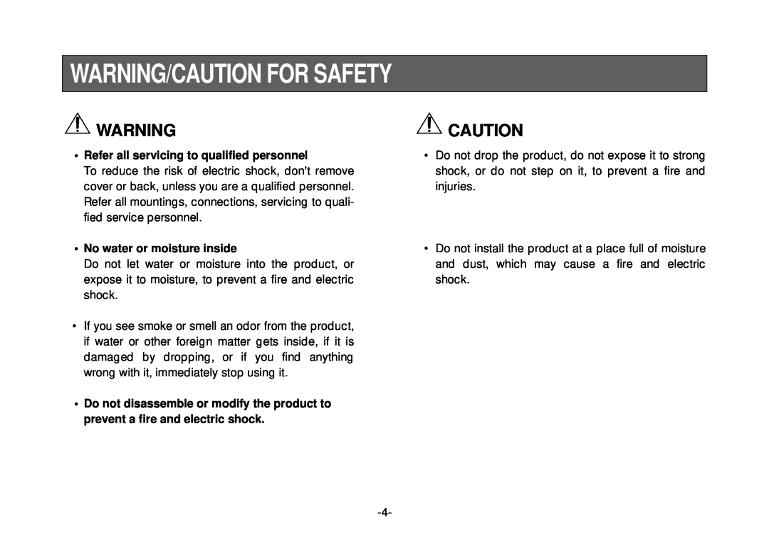 Panasonic AW-LK30 Warning/Caution For Safety, Refer all servicing to qualified personnel, No water or moisture inside 