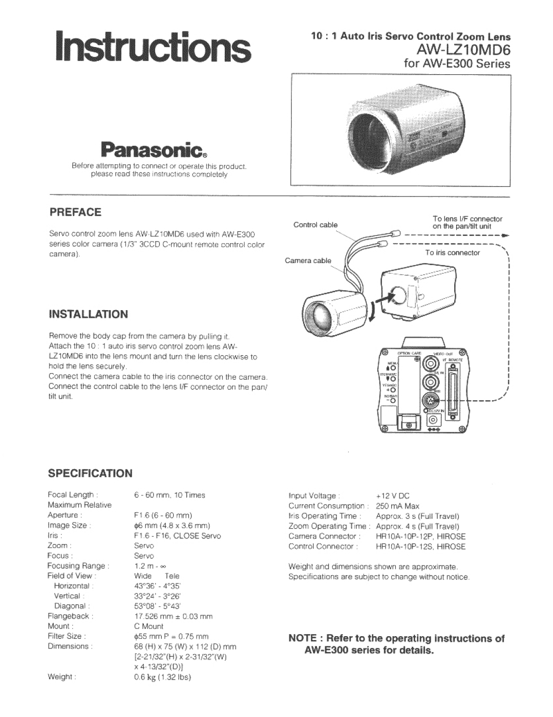 Panasonic AW-LZ10MD6 for AW-E300 Series manual 