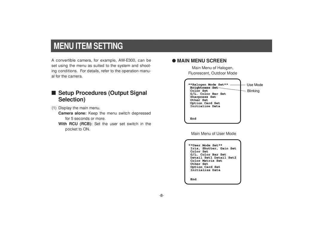 Panasonic AW-PB301, PB305 manual Menu Item Setting, Setup Procedures Output Signal Selection 