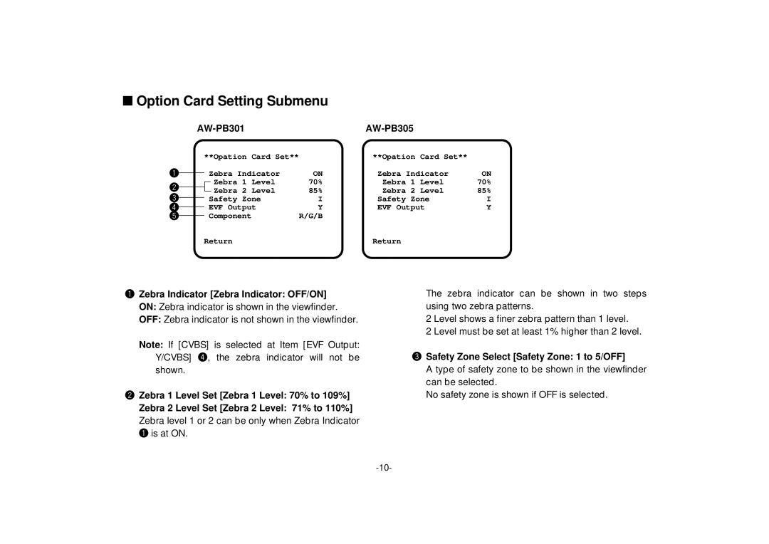 Panasonic manual AW-PB301 AW-PB305, Zebra Indicator Zebra Indicator OFF/ON, Safety Zone Select Safety Zone 1 to 5/OFF 