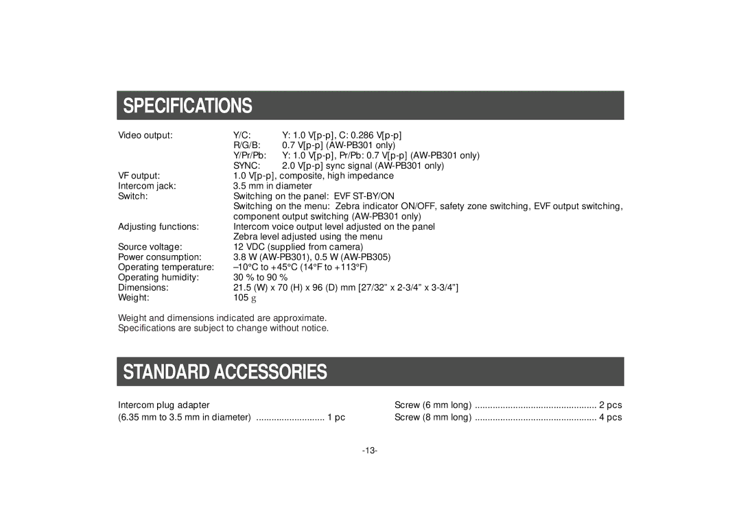 Panasonic PB305, AW-PB301 manual Specifications, Standard Accessories 