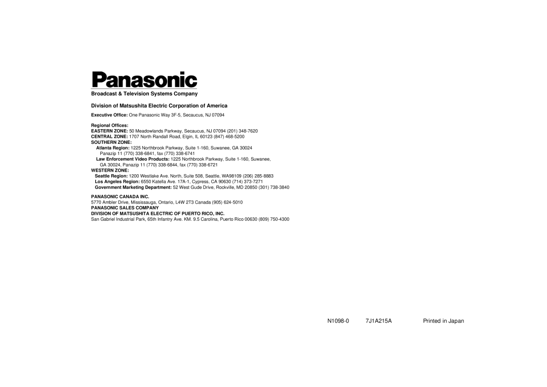 Panasonic AW-PB301, PB305 manual N1098-0 7J1A215A 