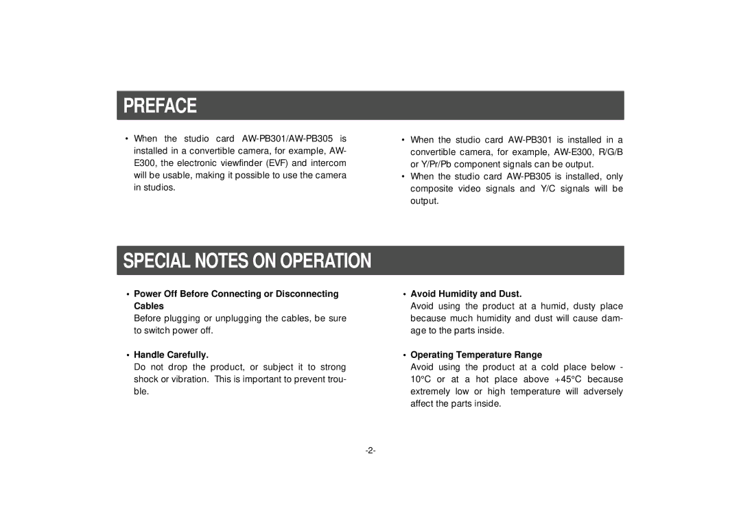 Panasonic AW-PB301, PB305 manual Preface, Special Notes on Operation 