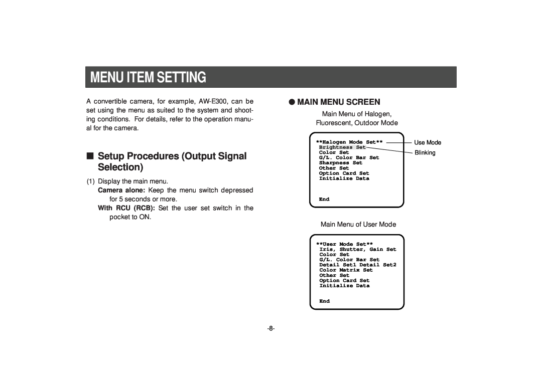 Panasonic AW-PB301, PB305 manual Menu Item Setting, Setup Procedures Output Signal Selection, Main Menu Screen 