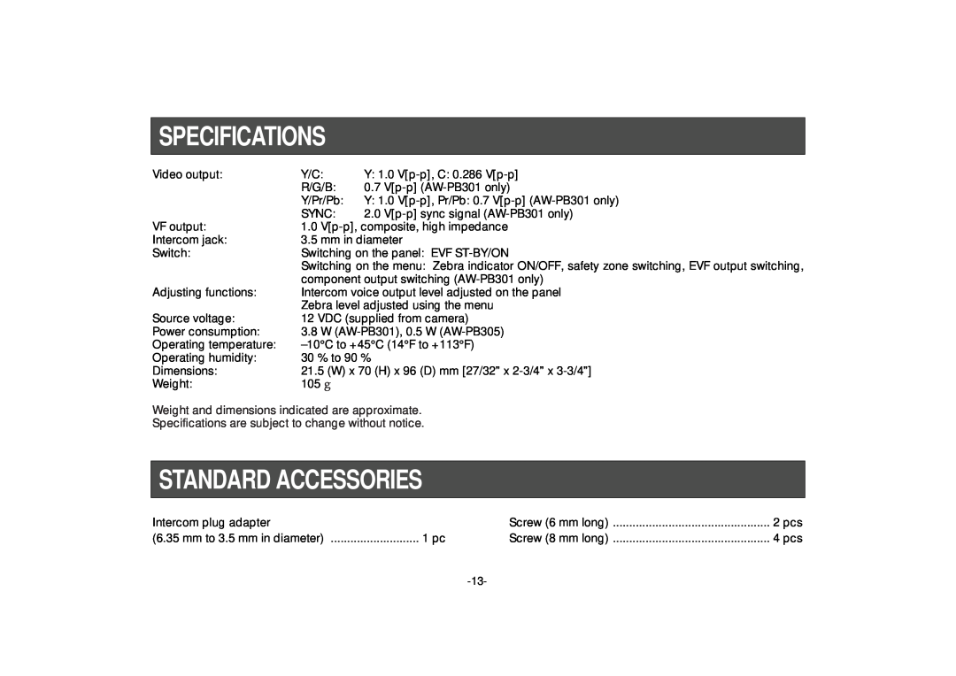 Panasonic PB305, AW-PB301 manual Specifications, Standard Accessories 