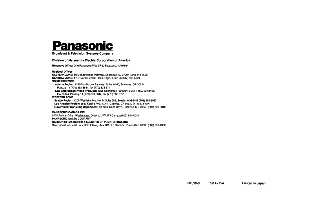 Panasonic AW-PB301, PB305 N1098-0, 7J1A215A, Broadcast & Television Systems Company, Printed in Japan, Regional Offices 
