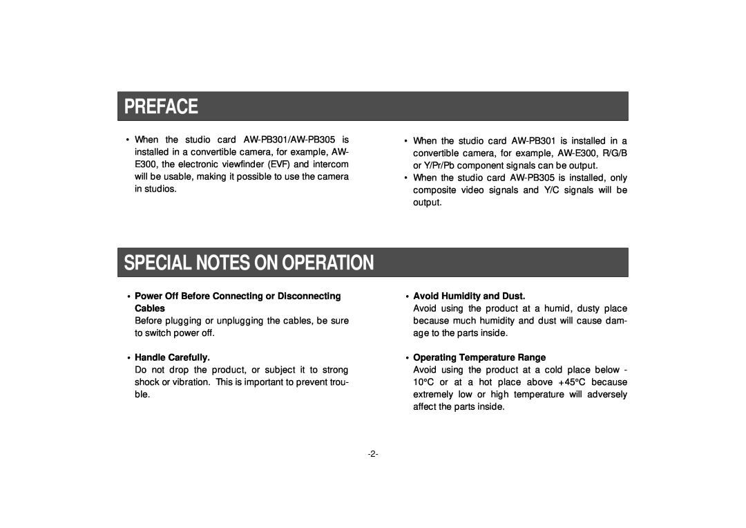 Panasonic AW-PB301, PB305 manual Preface, Special Notes On Operation, Power Off Before Connecting or Disconnecting Cables 