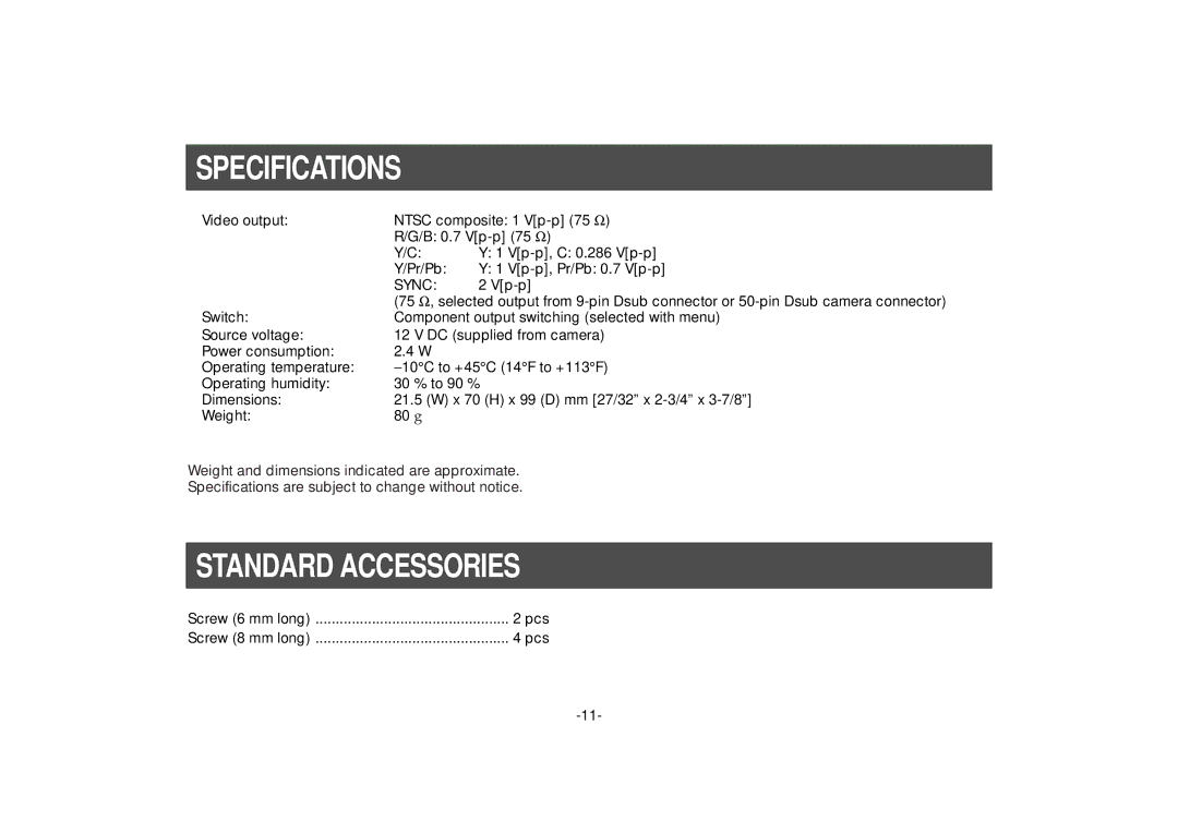 Panasonic AW-PB302 manual Specifications, Standard Accessories 