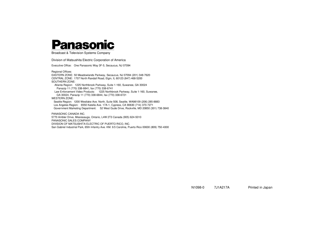 Panasonic AW-PB302 manual N1098-0 7J1A217A 