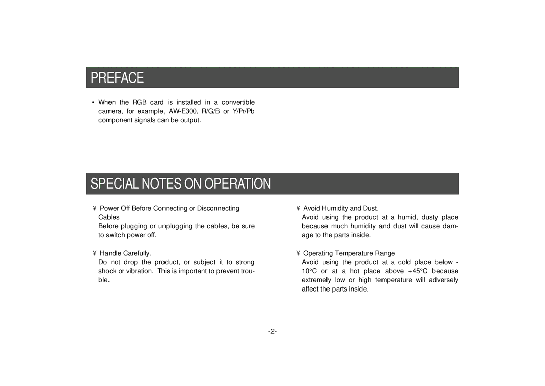 Panasonic AW-PB302 manual Preface, Special Notes on Operation 