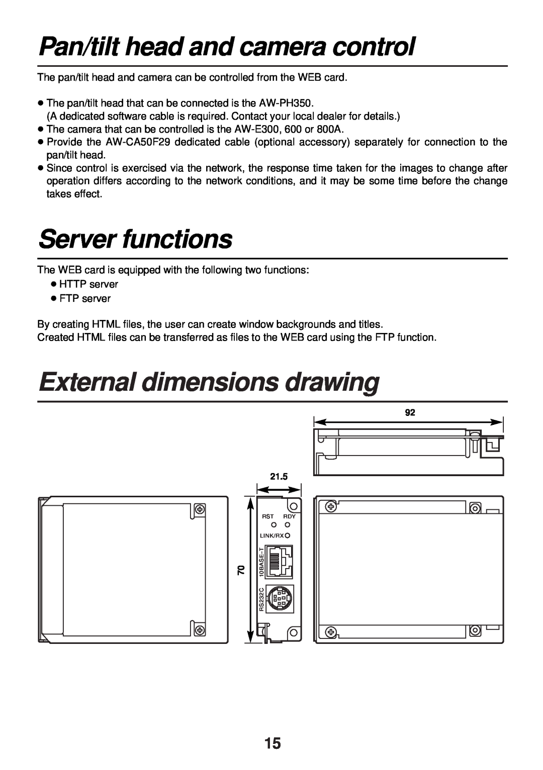 Panasonic AW-PB309P manual Pan/tilt head and camera control, Server functions, External dimensions drawing 