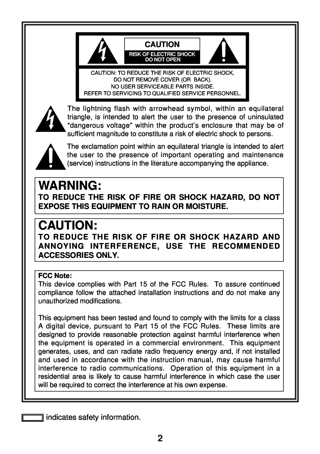 Panasonic AW-PB309P manual indicates safety information, FCC Note 