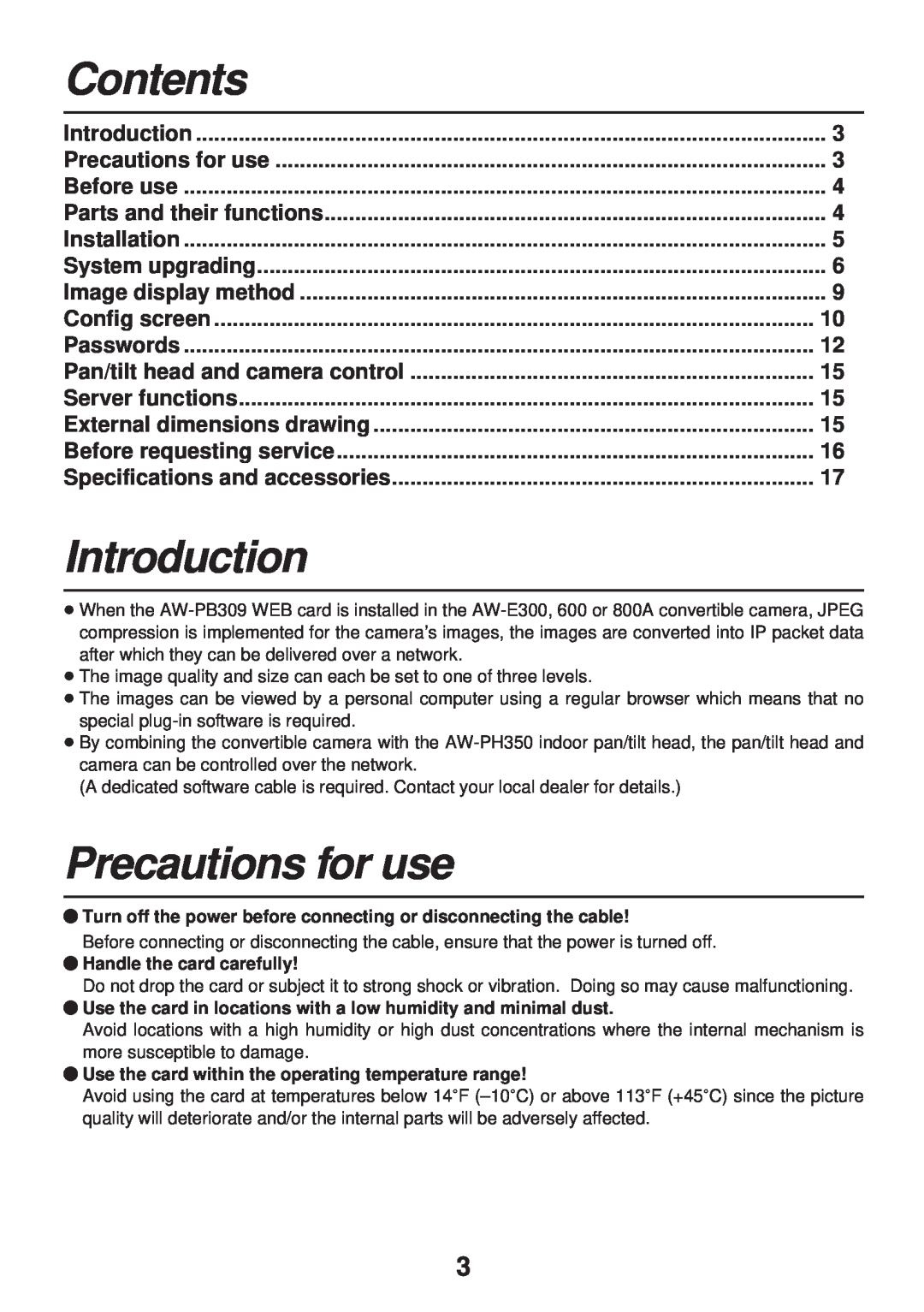 Panasonic AW-PB309P manual Contents, Introduction, Precautions for use 