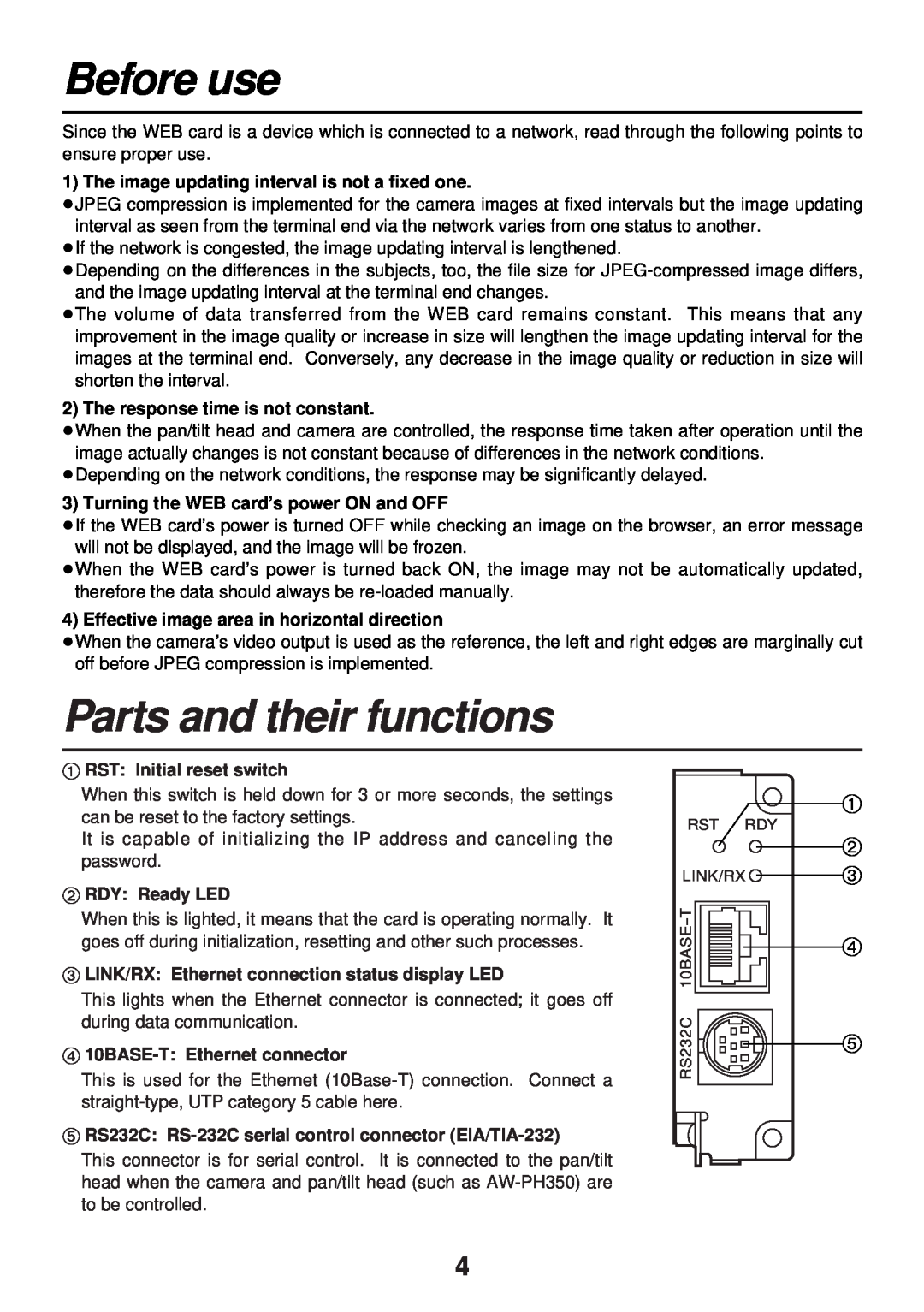 Panasonic AW-PB309P manual Before use, Parts and their functions, The image updating interval is not a fixed one 