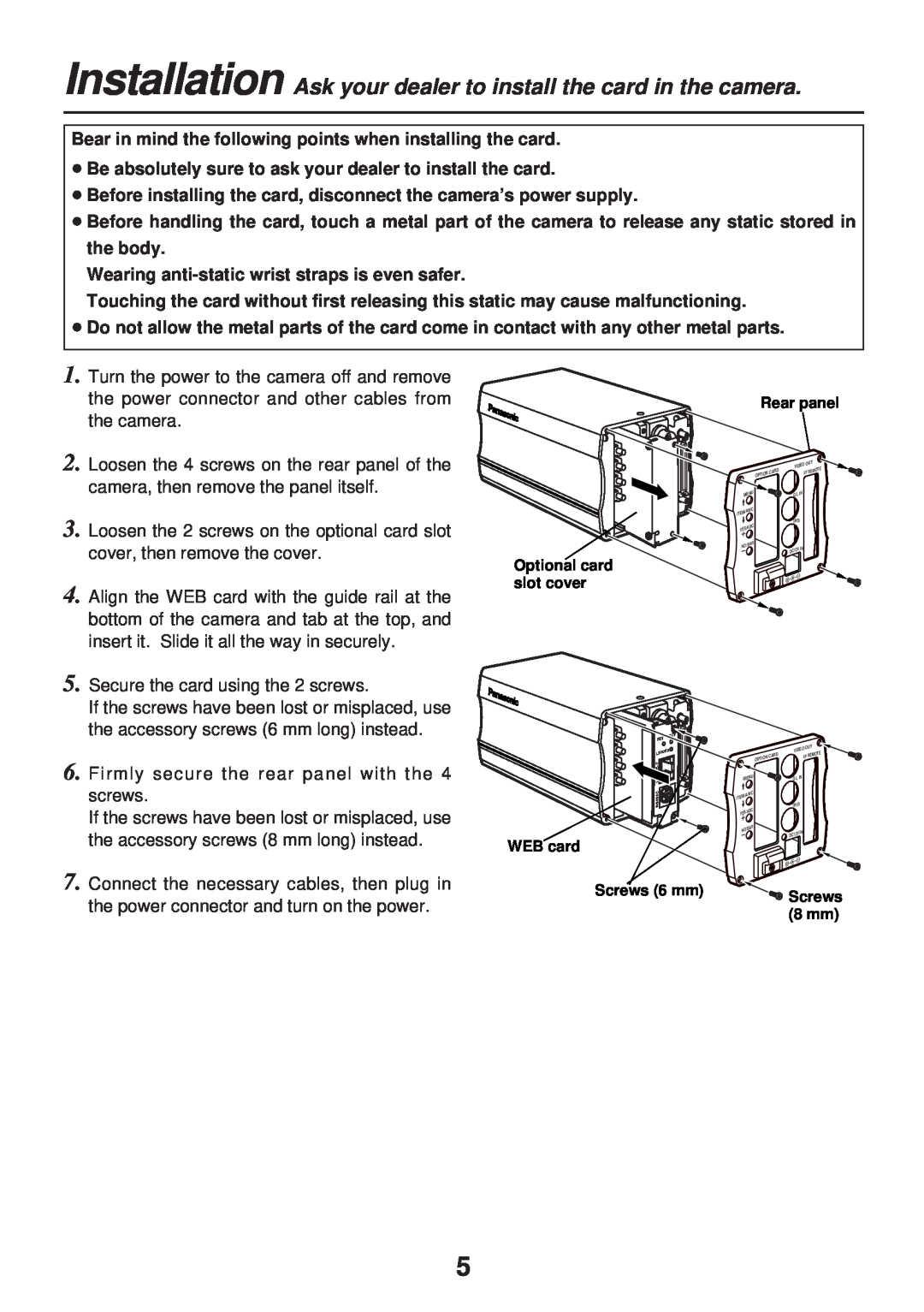 Panasonic AW-PB309P manual Installation Ask your dealer to install the card in the camera 