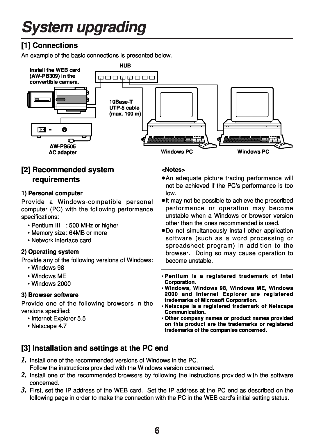 Panasonic AW-PB309P System upgrading, Connections, Recommended system requirements, Personal computer, Operating system 