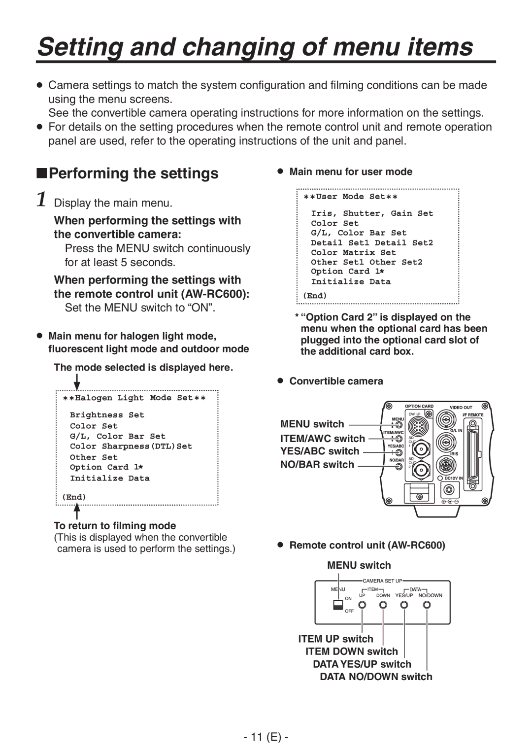 Panasonic AW-PB506AL manual Setting and changing of menu items, Performing the settings 