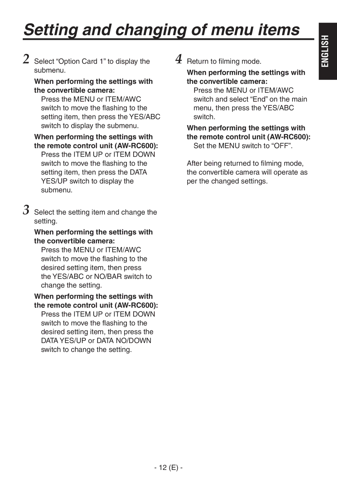 Panasonic AW-PB506AL manual When performing the settings with Convertible camera 