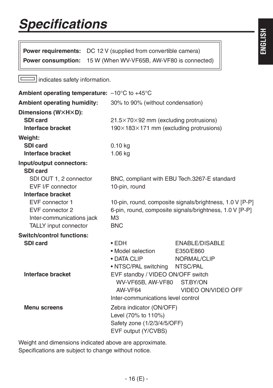 Panasonic AW-PB506AL manual Specifications 