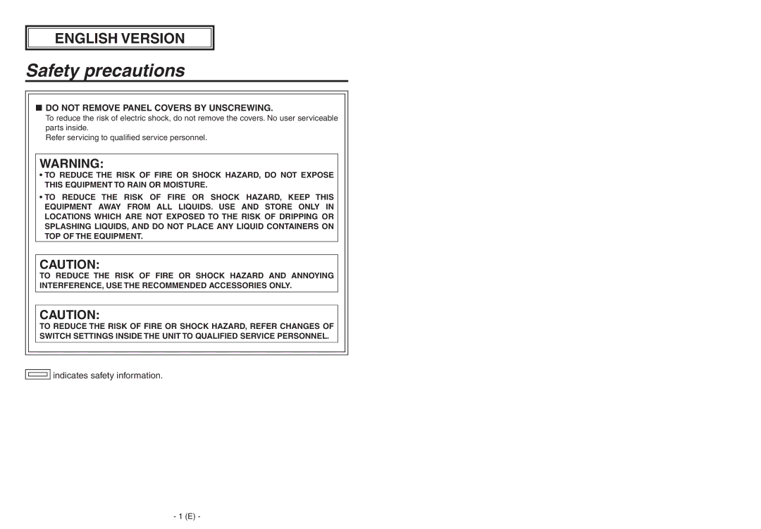 Panasonic AW-PB506AL manual Safety precautions,  do not Remove Panel Covers by Unscrewing 