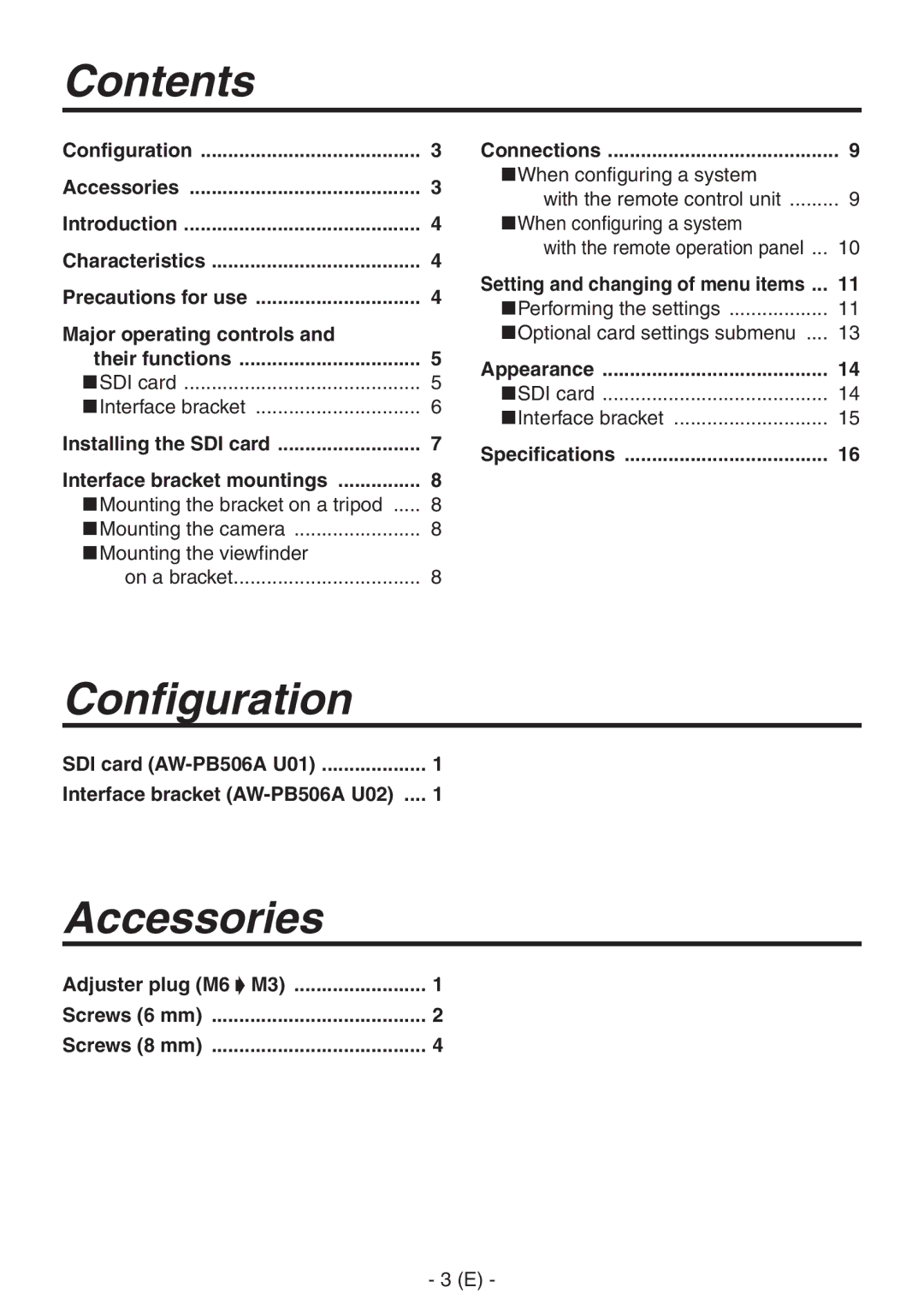 Panasonic AW-PB506AL manual Contents, Configuration, Accessories 