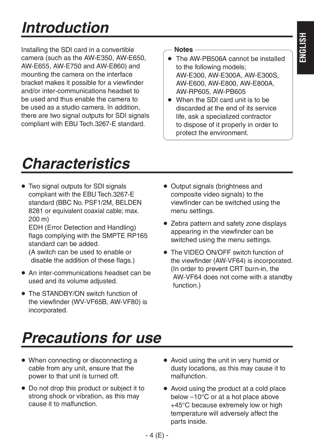 Panasonic AW-PB506AL manual Introduction, Characteristics, Precautions for use 