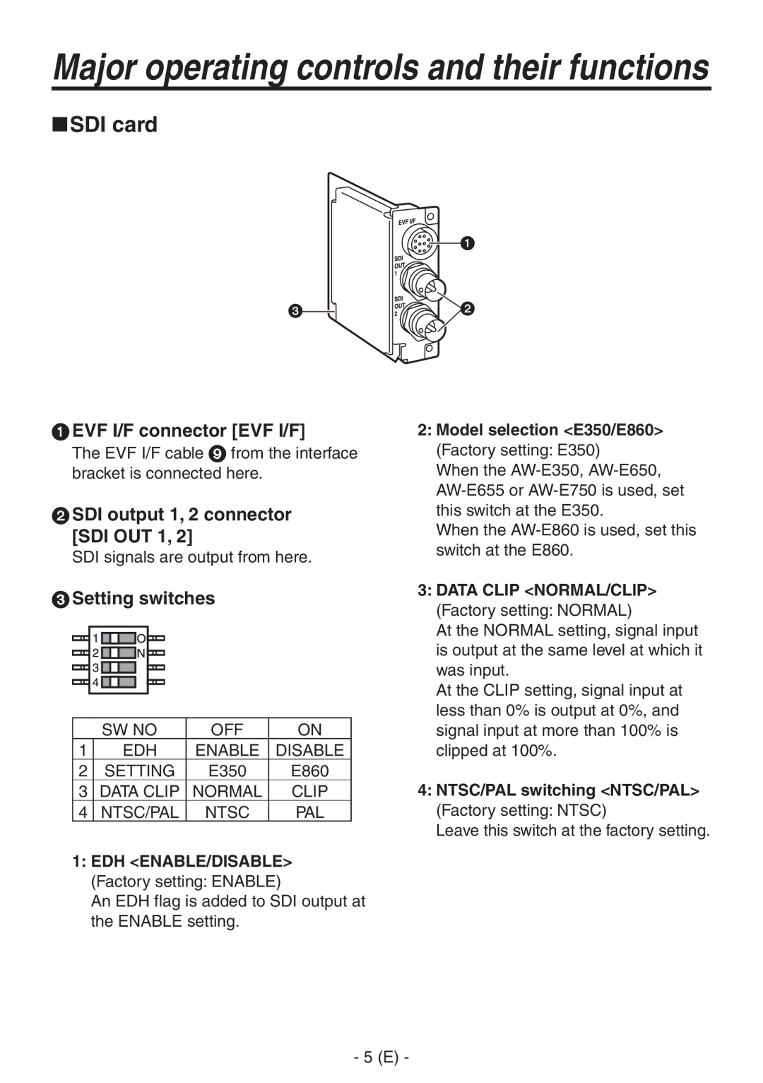 Panasonic AW-PB506AL SDI card, EDH ENABLE/DISABLE Factory setting Enable, Model selection E350/E860 Factory setting E350 