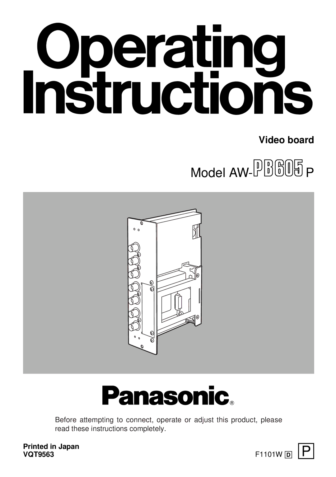 Panasonic AW-PB605P manual Model AW- P, VQT9563 F1101W @ 